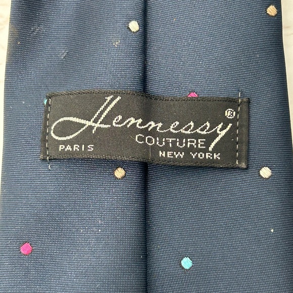 VINTAGE HENNESSY COUTURE Navy Polka Dot Silk Blend Tie - Picture 4 of 5